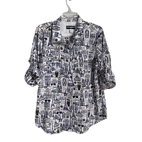 Karl Lagerfeld Love From Paris All Over Print Button Front Roll Tab Slee… - Picture 1 of 7